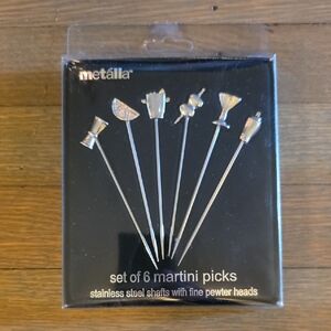 Metalla Martini Picks Set of 6  Stainless Steel Shafts W/ Fine Pewter Heads. NEW